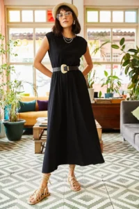 Olalook Women's Black Elastic Waist Bat Combed Cotton Dress - Image 6