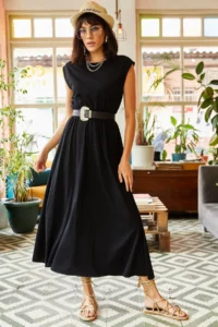 Olalook Women's Black Elastic Waist Bat Combed Cotton Dress - Image 7