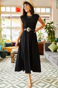 Olalook Women's Black Elastic Waist Bat Combed Cotton Dress - Image 8