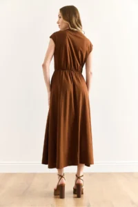 Olalook Women's Brown Elastic Waist Bat Combed Cotton Dress - Image 2