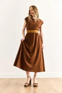 Olalook Women's Brown Elastic Waist Bat Combed Cotton Dress - Image 3