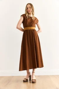 Olalook Women's Brown Elastic Waist Bat Combed Cotton Dress - Image 4