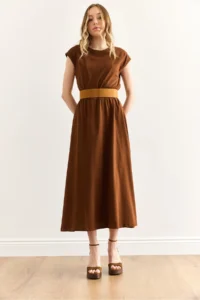 Olalook Women's Brown Elastic Waist Bat Combed Cotton Dress - Image 5