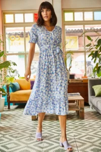 Olalook Women's Indigo Buttoned Belted Sleeve Detailed Woven Viscose Dress - Image 2
