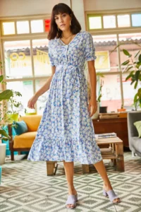 Olalook Women's Indigo Buttoned Belted Sleeve Detailed Woven Viscose Dress - Image 3