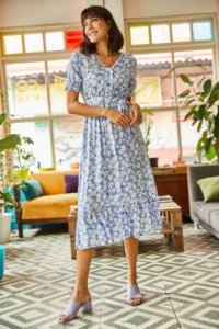 Olalook Women's Indigo Buttoned Belted Sleeve Detailed Woven Viscose Dress - Image 4