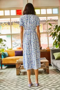 Olalook Women's Indigo Buttoned Belted Sleeve Detailed Woven Viscose Dress - Image 5