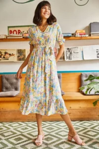 Olalook Women's Yellow Buttoned Belted Sleeve Detailed Woven Viscose Dress