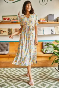 Olalook Women's Yellow Buttoned Belted Sleeve Detailed Woven Viscose Dress - Image 2