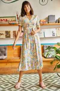 Olalook Women's Yellow Buttoned Belted Sleeve Detailed Woven Viscose Dress - Image 3