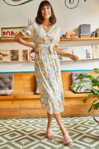 Olalook Women's Yellow Buttoned Belted Sleeve Detailed Woven Viscose Dress - Image 4