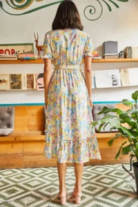 Olalook Women's Yellow Buttoned Belted Sleeve Detailed Woven Viscose Dress - Image 5