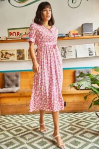 Olalook Women's Pink Buttoned Belted Sleeve Detailed Woven Viscose Dress - Image 2