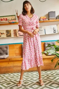Olalook Women's Pink Buttoned Belted Sleeve Detailed Woven Viscose Dress - Image 3