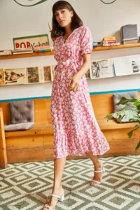 Olalook Women's Pink Buttoned Belted Sleeve Detailed Woven Viscose Dress - Image 4