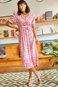 Olalook Women's Pink Buttoned Belted Sleeve Detailed Woven Viscose Dress - Image 5