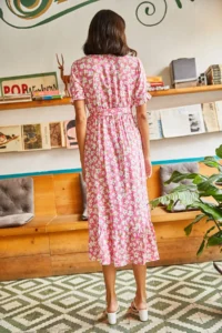Olalook Women's Pink Buttoned Belted Sleeve Detailed Woven Viscose Dress - Image 6