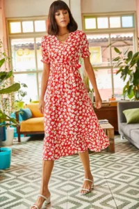 Olalook Women's Red Buttoned Belted Sleeve Detailed Woven Viscose Dress
