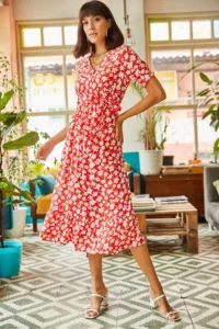Olalook Women's Red Buttoned Belted Sleeve Detailed Woven Viscose Dress - Image 2