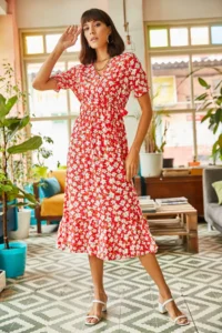 Olalook Women's Red Buttoned Belted Sleeve Detailed Woven Viscose Dress - Image 3