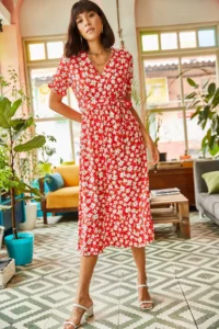 Olalook Women's Red Buttoned Belted Sleeve Detailed Woven Viscose Dress - Image 4