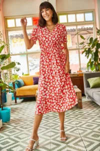Olalook Women's Red Buttoned Belted Sleeve Detailed Woven Viscose Dress - Image 5
