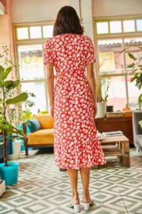Olalook Women's Red Buttoned Belted Sleeve Detailed Woven Viscose Dress - Image 6