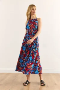 Olalook Women's Blue Red Halter Neck Belted Woven Viscon Dress - Image 2