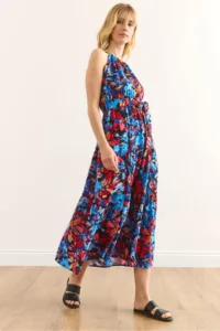 Olalook Women's Blue Red Halter Neck Belted Woven Viscon Dress - Image 3