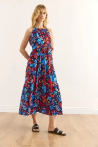 Olalook Women's Blue Red Halter Neck Belted Woven Viscon Dress - Image 4
