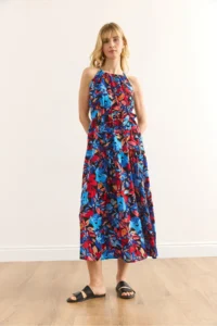 Olalook Women's Blue Red Halter Neck Belted Woven Viscon Dress - Image 5