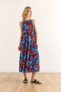 Olalook Women's Blue Red Halter Neck Belted Woven Viscon Dress - Image 6