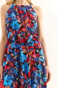 Olalook Women's Blue Red Halter Neck Belted Woven Viscon Dress - Image 7