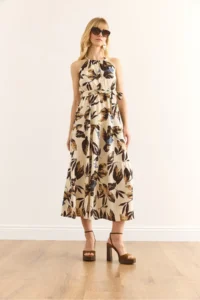 Olalook Women's Palm Brown Halter Neck Belted Woven Viscon Dress - Image 3