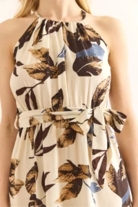 Olalook Women's Palm Brown Halter Neck Belted Woven Viscon Dress - Image 5
