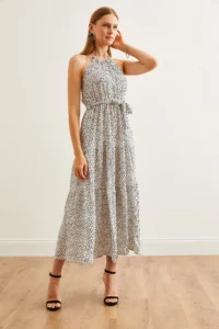 Olalook Women's Polka Dot Ecru Halter Collar Belted Woven Viscon Dress - Image 3