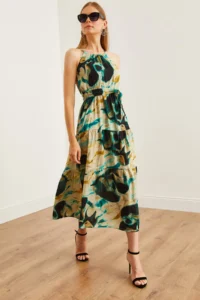 Olalook Women's Batik Stone Halter Collar Belted Woven Viscon Dress