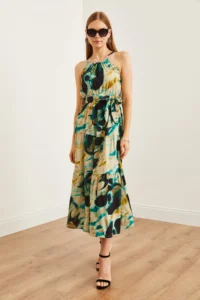 Olalook Women's Batik Stone Halter Collar Belted Woven Viscon Dress - Image 2