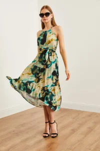 Olalook Women's Batik Stone Halter Collar Belted Woven Viscon Dress - Image 3