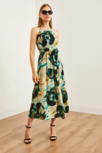 Olalook Women's Batik Stone Halter Collar Belted Woven Viscon Dress - Image 5