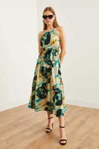 Olalook Women's Batik Stone Halter Collar Belted Woven Viscon Dress - Image 7