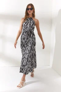 Olalook Women's Zebra Black Halter Collar Belted Woven Viscon Dress - Image 3