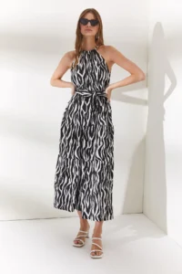 Olalook Women's Zebra Black Halter Collar Belted Woven Viscon Dress - Image 4