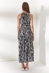 Olalook Women's Zebra Black Halter Collar Belted Woven Viscon Dress - Image 5