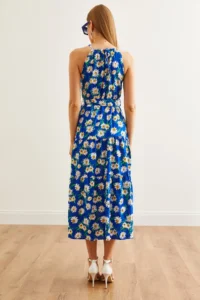Olalook Women's Daisy Saks Blue Halter Collar Belted Woven Viscon Dress - Image 6