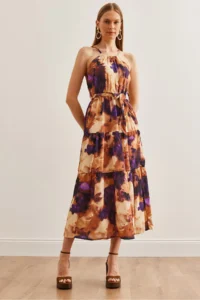 Olalook Women's Batik Purple Halter Neck Belted Woven Viscon Dress - Image 2