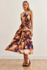 Olalook Women's Batik Purple Halter Neck Belted Woven Viscon Dress - Image 3
