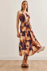 Olalook Women's Batik Purple Halter Neck Belted Woven Viscon Dress - Image 4