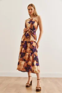 Olalook Women's Batik Purple Halter Neck Belted Woven Viscon Dress - Image 5