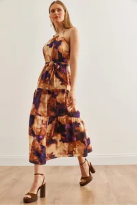 Olalook Women's Batik Purple Halter Neck Belted Woven Viscon Dress - Image 6